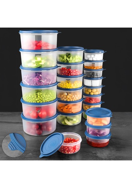 24'lü Yuvarlak Gıda Saklama Kabı Seti Organizer Düzenleyici Erzak Kabı 12X250 6X600 6X1200ML Lacivert