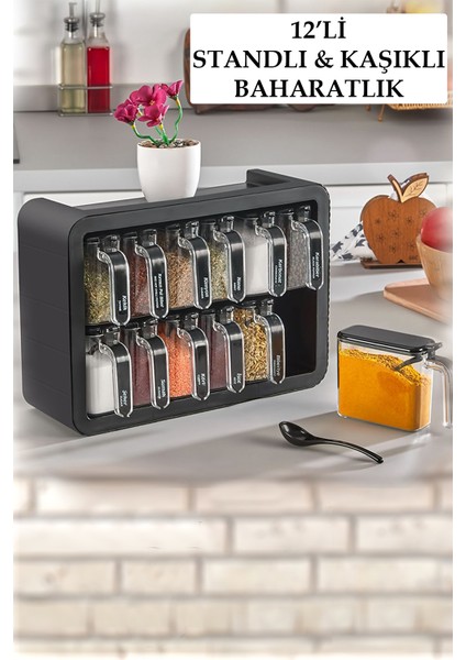 12'li Standlı Kendinden Kaşıklı Baharatlık Takımı Tezgah Üstü Baharatlık Kaşıklık Baharatlık