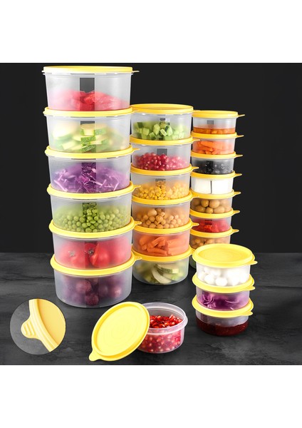 24'lü Yuvarlak Gıda Saklama Kabı Seti Organizer Düzenleyici Erzak Kabı 12X250 6X600 6X1200ML Sarı