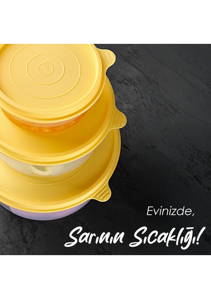 24'lü Yuvarlak Gıda Saklama Kabı Seti Organizer Düzenleyici Erzak Kabı 12X250 6X600 6X1200ML Sarı