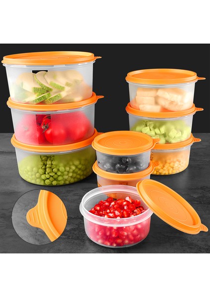 9'lu Yuvarlak Gıda Saklama Kabı Seti Organizer Düzenleyici Erzak Kabı 3X250 3X600 3X1200ML Turuncu
