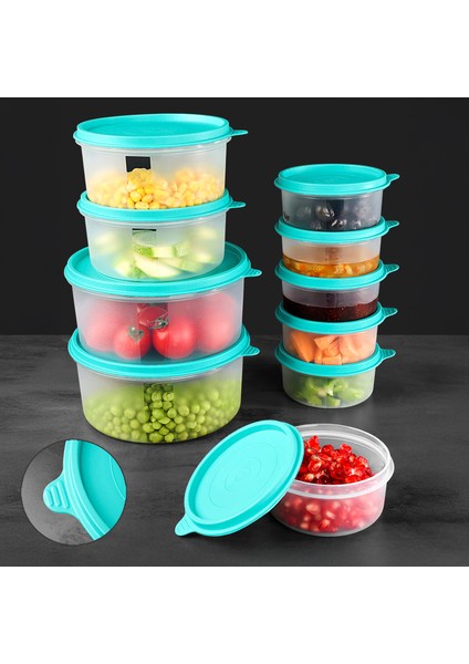 10'lu Yuvarlak Gıda Saklama Kabı Seti Organizer Düzenleyici Erzak Kabı 6X250 2X600 2X1200ML Yeşil