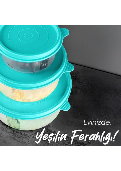 10'lu Yuvarlak Gıda Saklama Kabı Seti Organizer Düzenleyici Erzak Kabı 6X250 2X600 2X1200ML Yeşil