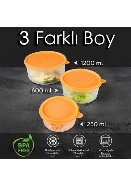 24'lü Yuvarlak Gıda Saklama Kabı Seti Organizer Düzenleyici Erzak Kabı 12X250 6X600 6X1200ML Turuncu fiyatları