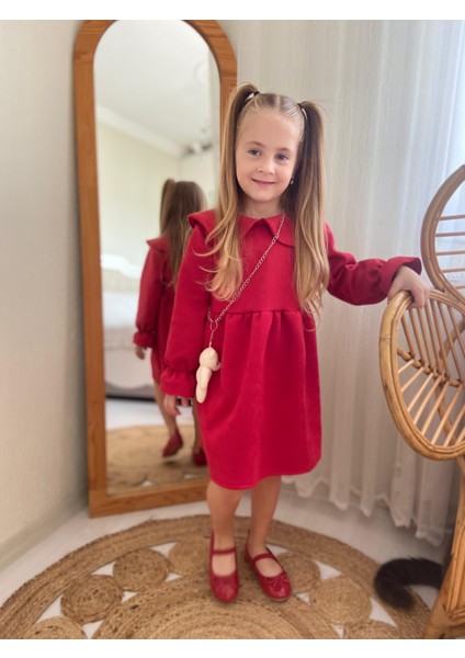 Kiz Çocuk Kirmizi Süet Elbiise ve Ayicik Aksesuar (Yeniiyil-Yilbaşi-Bayramlik)