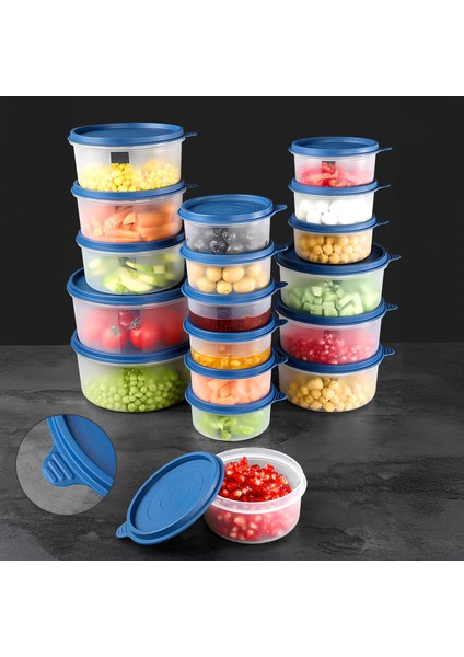 18LI Yuvarlak Gıda Saklama Kabı Seti Organizer Düzenleyici Erzak Kabı 10X250 6X600 2X1200ML Lacivert