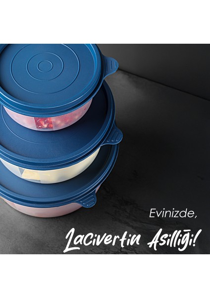 18LI Yuvarlak Gıda Saklama Kabı Seti Organizer Düzenleyici Erzak Kabı 10X250 6X600 2X1200ML Lacivert