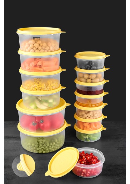 14'lü Yuvarlak Gıda Saklama Kabı Seti Organizer Düzenleyici Erzak Kabı 8X250 4X600 2X1200ML Sarı