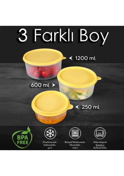 14'lü Yuvarlak Gıda Saklama Kabı Seti Organizer Düzenleyici Erzak Kabı 8X250 4X600 2X1200ML Sarı