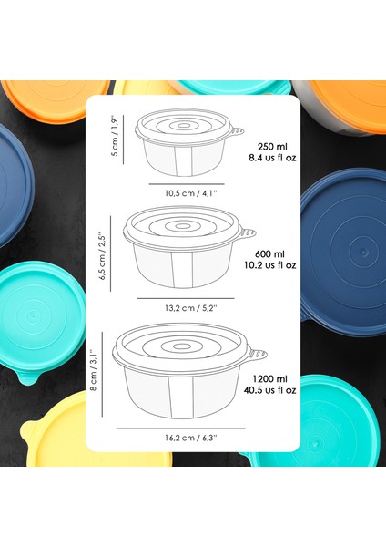 14'lü Yuvarlak Gıda Saklama Kabı Seti Organizer Düzenleyici Erzak Kabı 8X250 4X600 2X1200ML Sarı