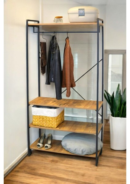 Dekoratif Metal 4 Raflı Ayakkabılık, Elbise ve Portmanto Askılığı Gardırop 1-1-369