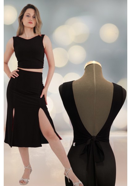 Sırtı Açık Bağlamalı Siyah Crop Top, Kadınparti Dans Tango Bluzu