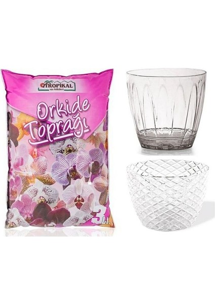 Orkide Toprağı (3lt) Kristal Saksı (1,5 Lt) - Sade Saksısı Şeffaf (1,5lt) - Besili Orkide Toprağı