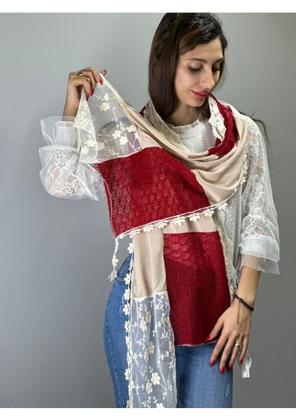 Dantelli Kırmızı Yamalı Triko Kadın Fular 160X40 cm