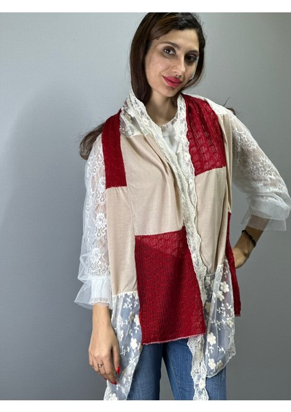 Dantelli Kırmızı Yamalı Triko Kadın Fular 160X40 cm modelleri