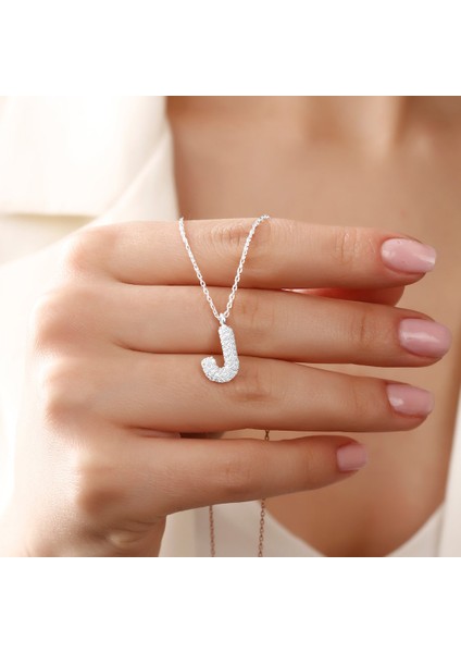 Kadın Gümüş Kolye - J Harfi Zirkon Taşlı Balon Harf Kadın Kolye