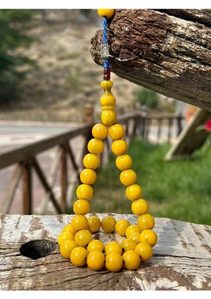 Sıkma Kehribar Tesbih - 10MM - Sarı Kehribar - Çubuk Sıkma Kehribar-Isim Yazılabilir Şık Ahşap Kutu