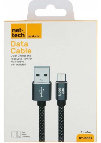 NT-DC02 İp Örgü Micro USB Şarj Data Kablosu 300 Cm
