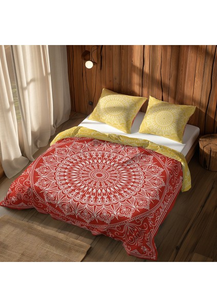 Red / Yellow Bohemian Mandala Çift Taraflı Nevresim Takımı - 160 cm x 220 cm