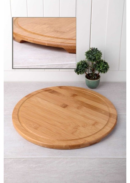 Bambu Lüx 32 Cm Yuvarlak Pasta Pizza Bambu Servis Sunum Tabağı Kahvaltılık