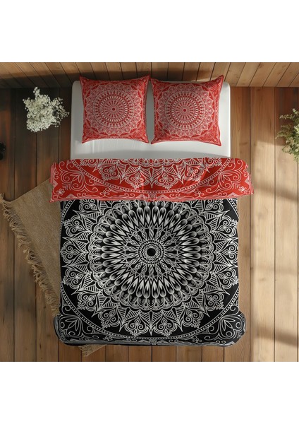 Black / Red Bohemian Mandala Çift Taraflı Nevresim Takımı - 200 cm x 220 cm