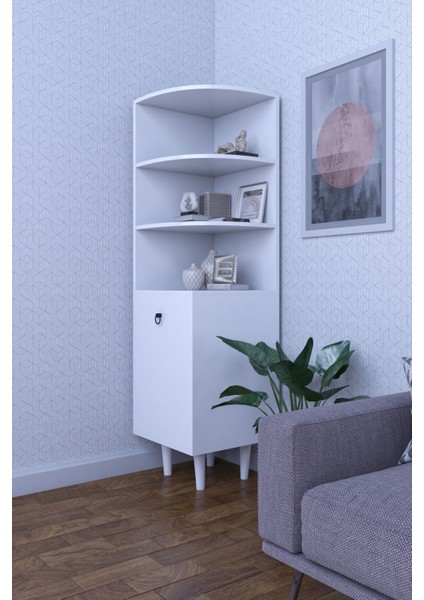 3 Raflı Tek Kapaklı Modern Ayaklı Vitrin Gümüşlük Çok Amaçlı Dolap