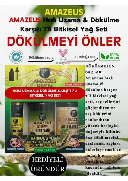 Hızlı Uzama & Dökülme Karşıtı 7'li Bitkisel Yağ Seti (Argan, Biberiye, Tatlı Badem,hint,ylang Ylang)