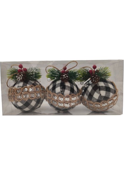Bohem Siyah, Beyaz Yuvarlak Ağaç Süsü Seti 8 cm (3 Parça)