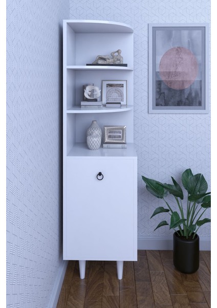 3 Raflı Tek Kapaklı Modern Ayaklı Vitrin Gümüşlük Çok Amaçlı Dolap