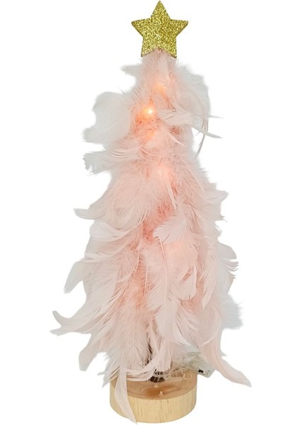 Pembe Tüylü Stantlı Ağaç Dekor 8 x 8 x 32,5 cm (Led'li)