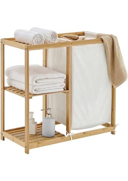 Bambu Kirli Çamaşır Sepeti Banyo Düzenleme Dolabı Raflı Banyo Organizeri