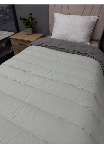 Pamuk Ranforce Tek Kişilik Yorgan Çift Taraflı Çağla Yeşili-Gri Düz Desen