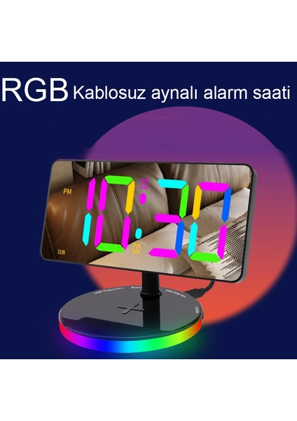 Masa Saat LED Dijital Rgb Aynalı Kablosuz Şarj Özelliği