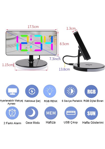 Masa Saat LED Dijital Rgb Aynalı Kablosuz Şarj Özelliği