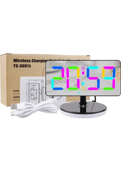 Masa Saat LED Dijital Rgb Aynalı Kablosuz Şarj Özelliği