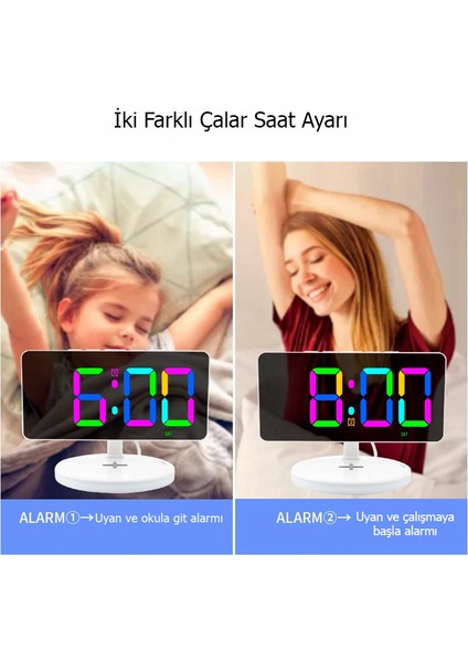 Masa Saat LED Dijital Rgb Aynalı Kablosuz Şarj Özelliği