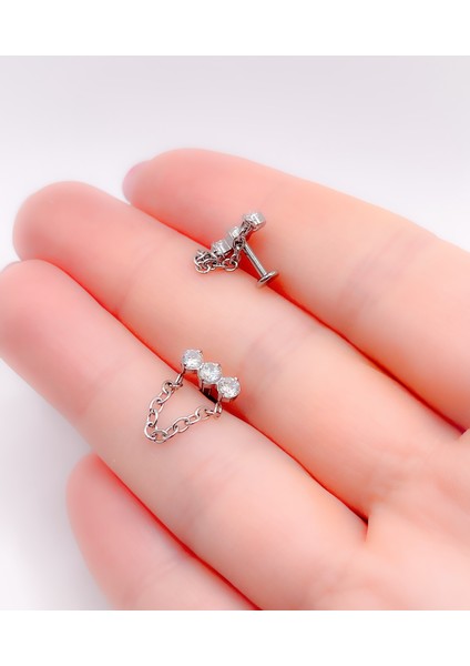 Cerrahi Çelik Piercing Zincirli Üç Taş Kıkırdak Helix Tragus Piercing (1Adet)