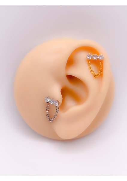 Cerrahi Çelik Piercing Zincirli Üç Taş Kıkırdak Helix Tragus Piercing (1Adet)