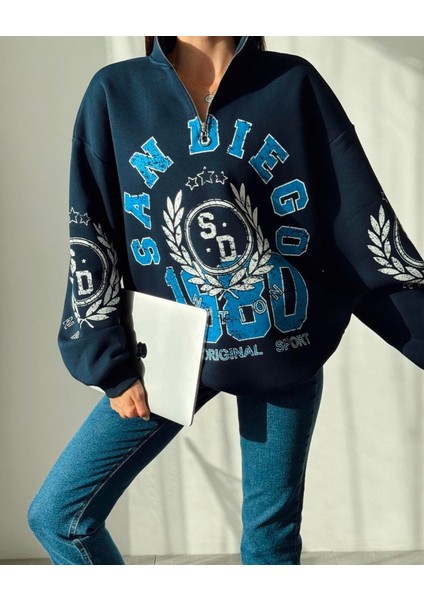 Lacivert Baskılı Tasarım Oversize Sweatshirt