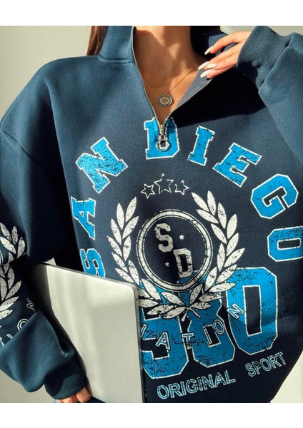 Lacivert Baskılı Tasarım Oversize Sweatshirt fiyatları