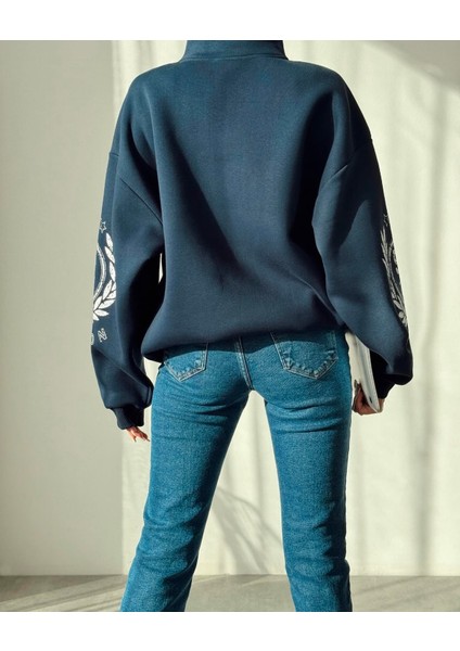 Lacivert Baskılı Tasarım Oversize Sweatshirt modelleri