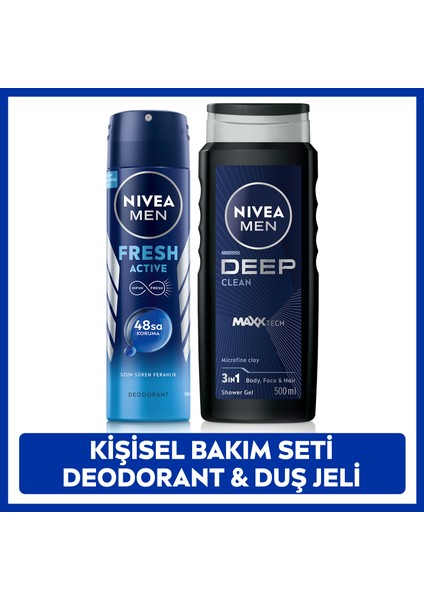 MEN Erkek Active Clean Banyo ve Duş Jeli 500ml ve Sprey Deodorant Fresh Active150ml, Damat Bohça Set