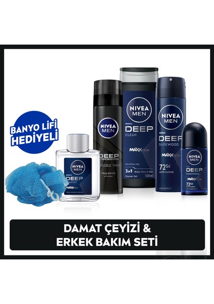 MEN Erkek Damat Seti, Duş Jeli 500ml, Deodorant 150ml, Roll-on 50ml, Tıraş Köpüğü, Losyon100ml, Lif