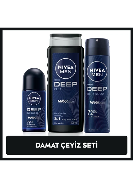 MEN Erkek Damat Çeyiz Bohça Seti Deep Dimension, Duş Jeli 500ml, Sprey Deodorant 150ml, Roll-on 50ml