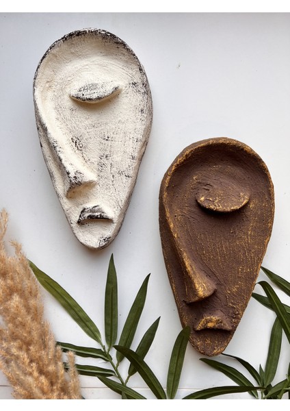 Özel Tasarım El Yapımı Heykel Soyut Yarım Yüz Maske 2'li Set, Duvar Dekor, Modern Ev ve Ofis Dekoru