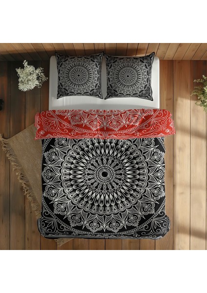 Black / Red Bohemian Mandala Çift Taraflı Nevresim Takımı - 160 cm x 220 cm