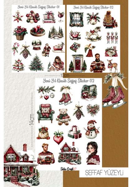 Yeni Yıl Klasik Temalı Şeffaf Sticker Seti 01-02-03 Ajanda Planlayıcı Bullet Journal Için Uygundur