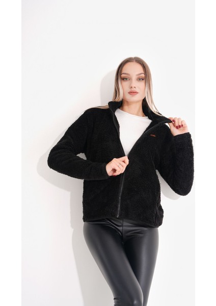 Peluş Dik Yaka Fermuarlı Mont