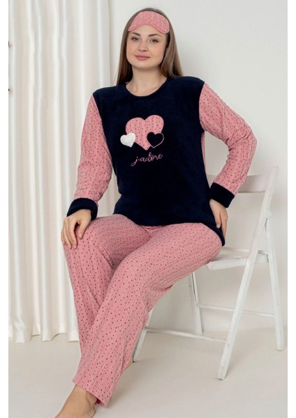 Fawn 5102 Peluş Welsoft Polar Kışlık Kalp Nakışlı Büyük Beden Kadın Pijama Takımı