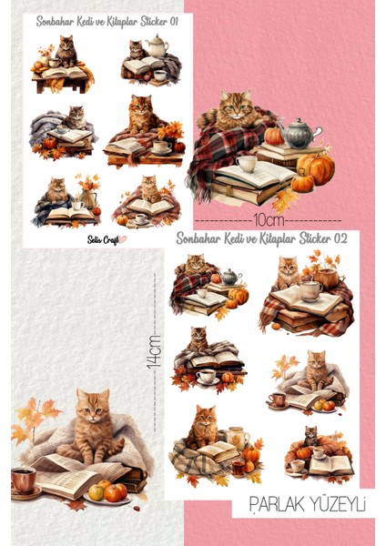 Sonbahar Kedi ve Kitaplar Temalı Parlak Sticker Seti 01-02 Ajanda Planlayıcı Bullet Journal Için Uygundur